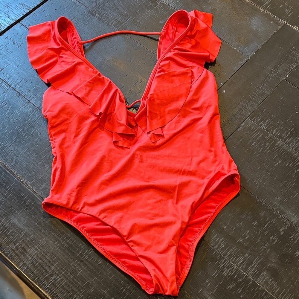Gibson & Latimer Red Ruffle One Piece Swimsuit Bathing Suit Large